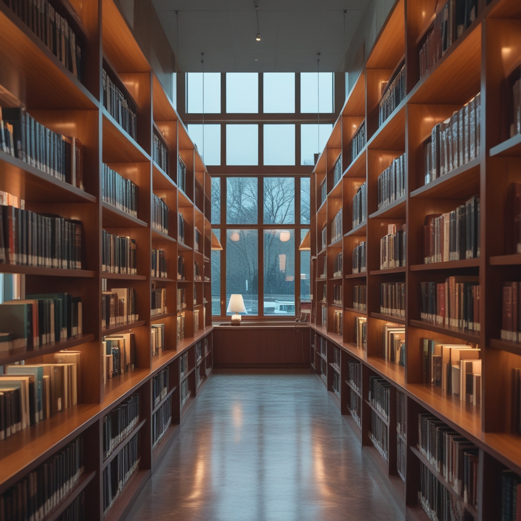 Interior of a modern reading room or research library with wooden shelves filled with books, warm lamp light, and a large window letting in natural daylight, creating an atmosphere of scholarly contemplation