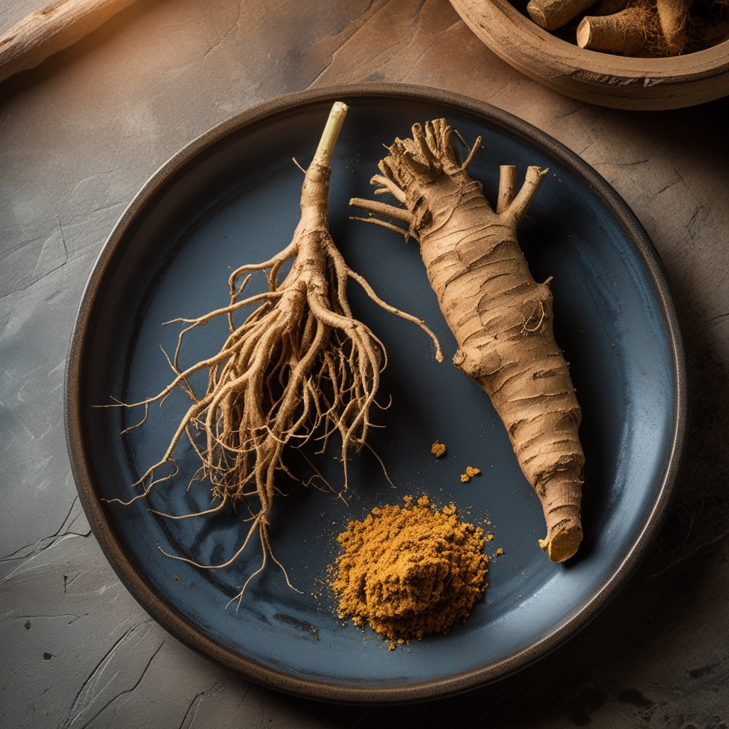 Roots and rhizomes of adaptogenic plants including ashwagandha root and ginseng root displayed on a dark ceramic plate with rough textures, lit with warm side light that highlights earthy tones